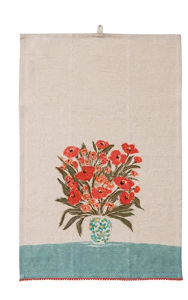 Cotton & Linen Printed Tea Towel w/Flowers in Vase & Mini Pom Pom Trim (3 Styles)