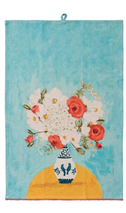 Cotton & Linen Printed Tea Towel w/Flowers in Vase & Mini Pom Pom Trim (3 Styles)