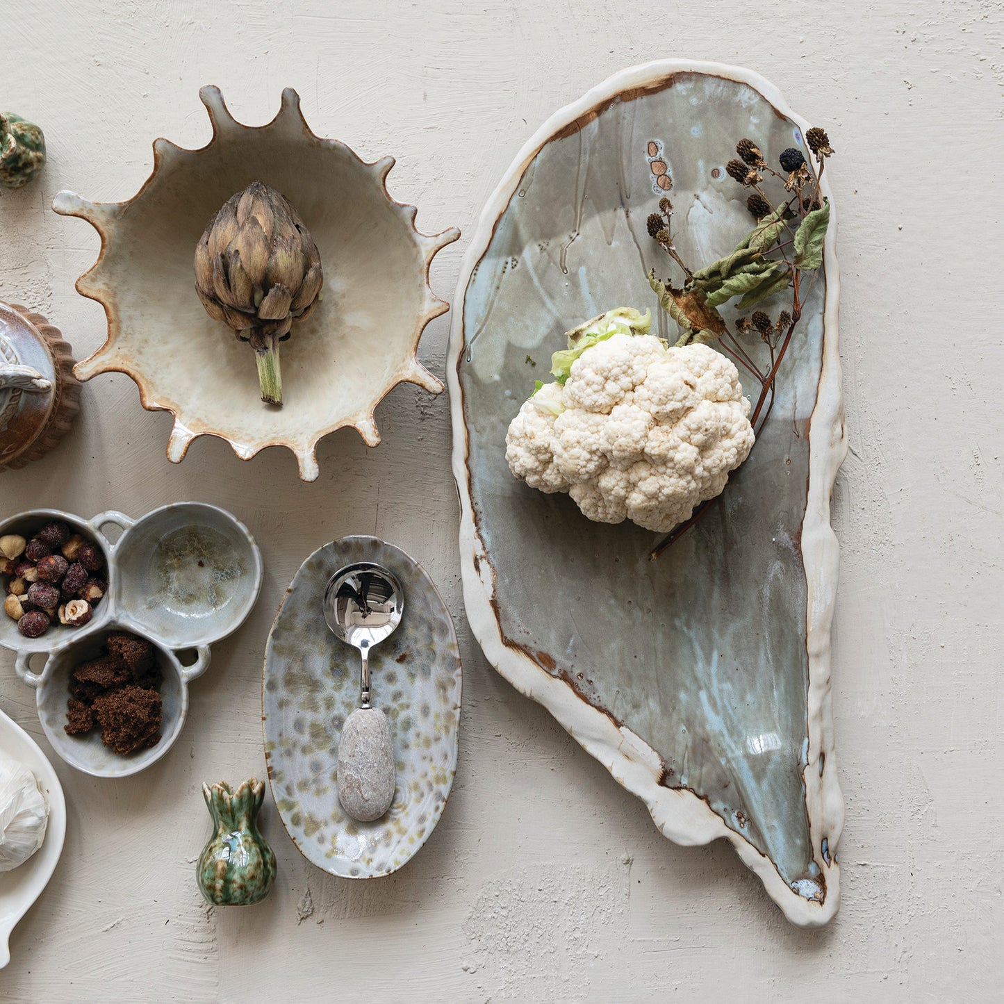Handmade Stoneware Oyster Shell Shaped Platter, Green (Each One Will Vary)