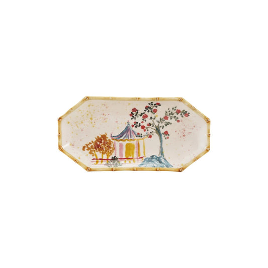 Hand-Painted Stoneware Octagon Shaped Plate w/House, Tree & Bamboo Style Edge
