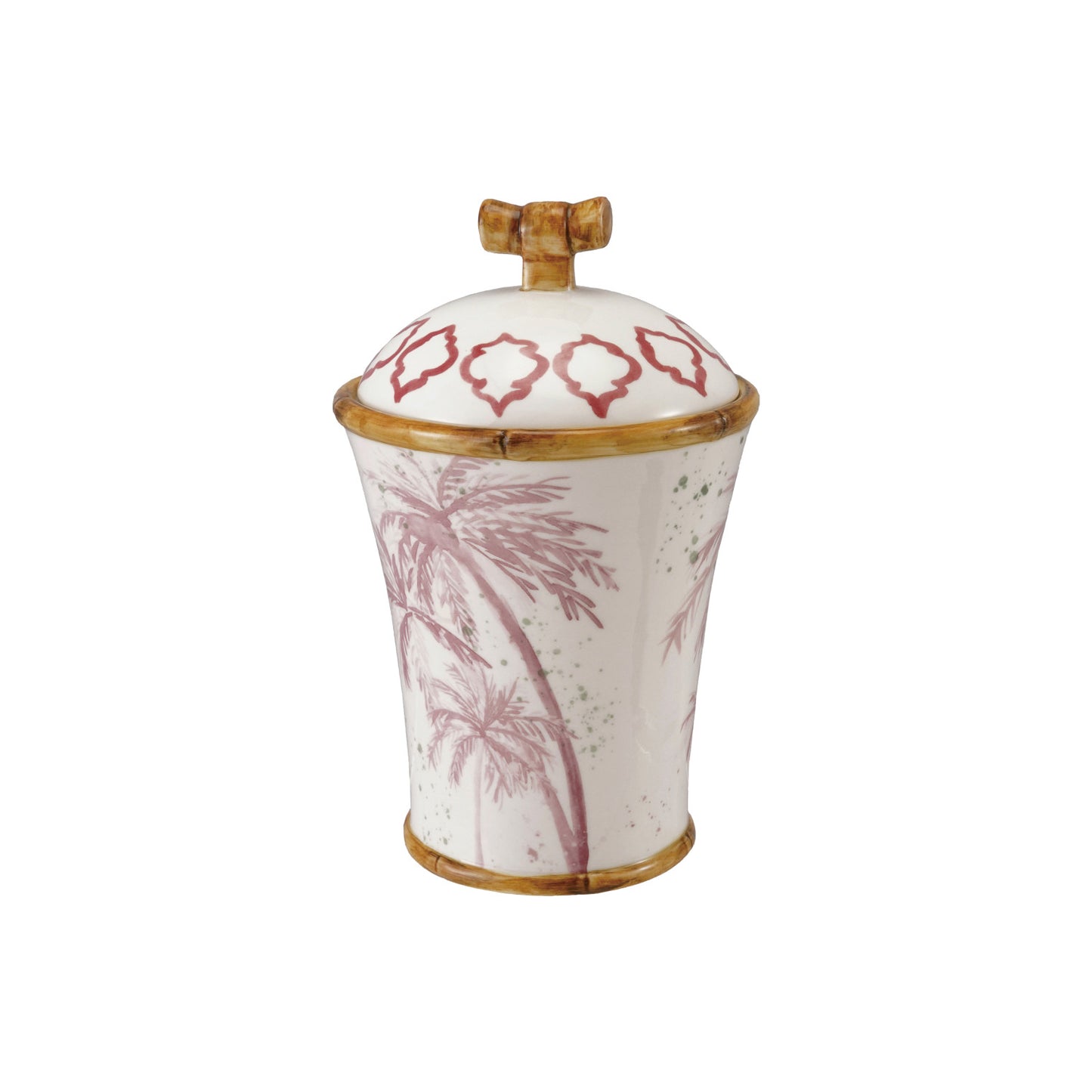 Hand-Painted Stoneware Canister w/Palm Trees & Bamboo Style Edges