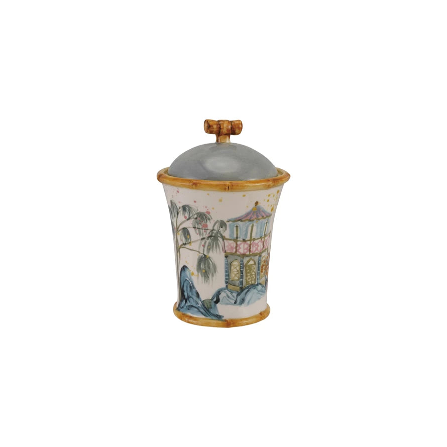 Hand-Painted Stoneware Canister w/House, Palm Tree & Bamboo Style Edges