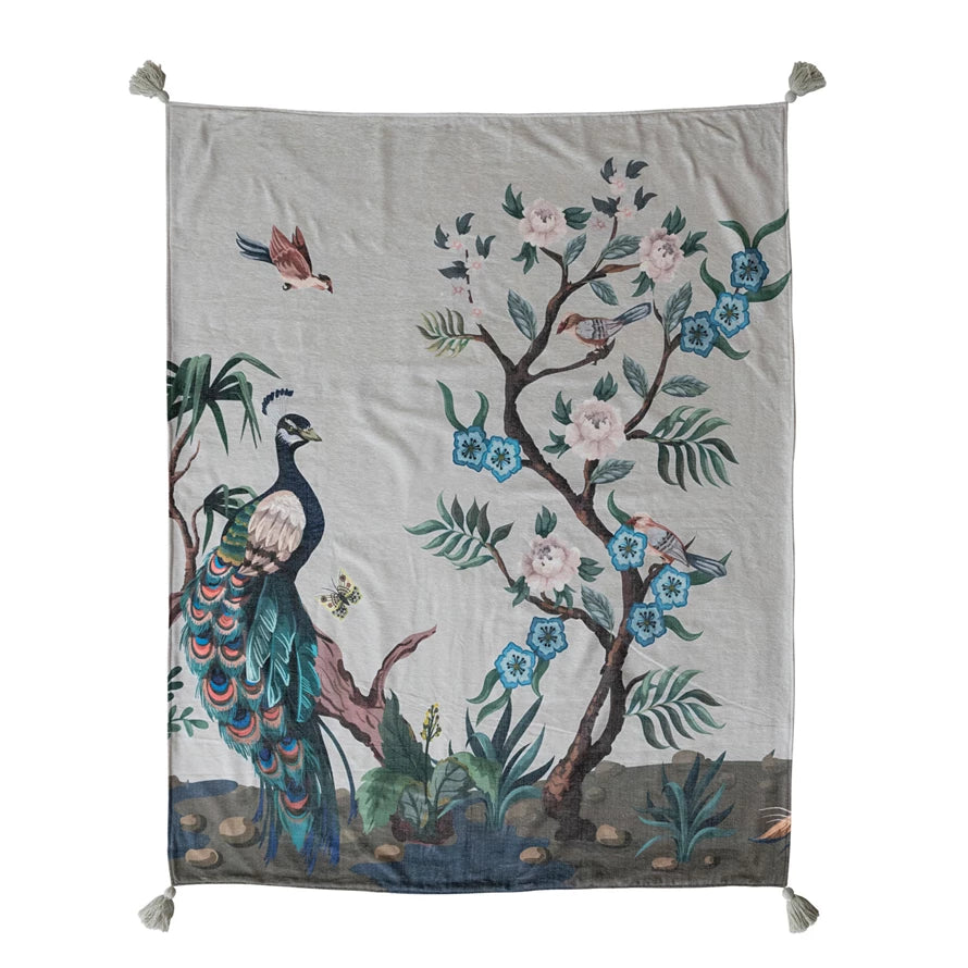 Fabric Blend Chenille Throw w/Peacock, Birds, Butterfly, Botanicals & Tassels