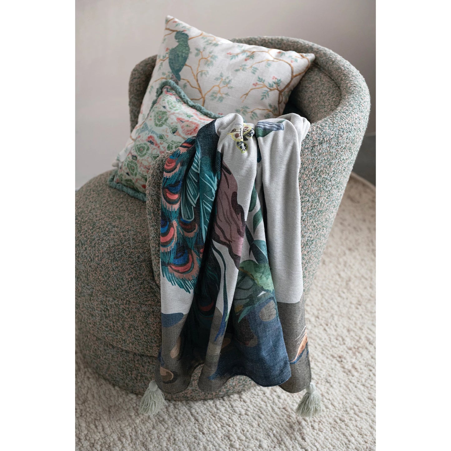 Fabric Blend Chenille Throw w/Peacock, Birds, Butterfly, Botanicals & Tassels