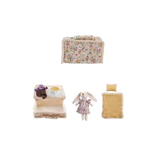 Fabric Zip Suitcase Bed w/Plush Bunny & Outfits (set of 6)