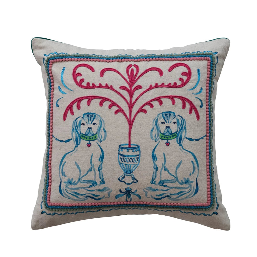 Staffordshire Dog Scene, Embroidery & Velvet Back Pillow