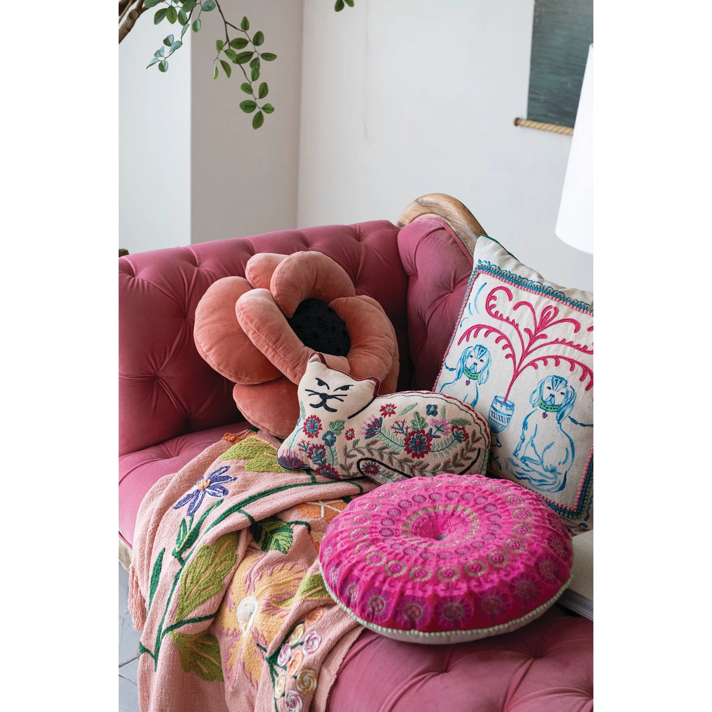 Staffordshire Dog Scene, Embroidery & Velvet Back Pillow
