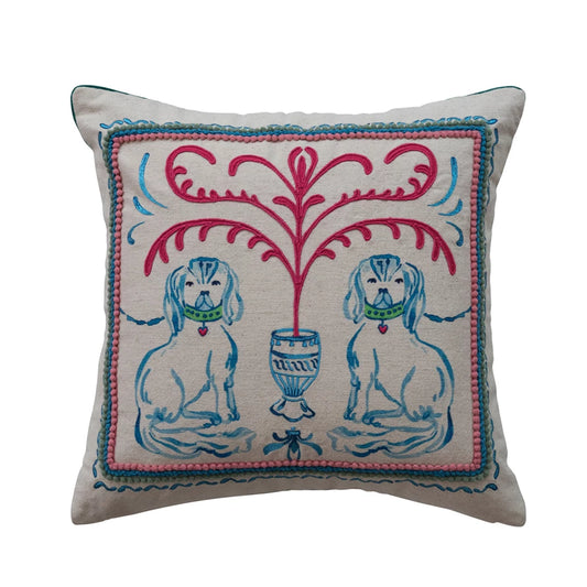 Staffordshire Dog Scene, Embroidery & Velvet Back Pillow