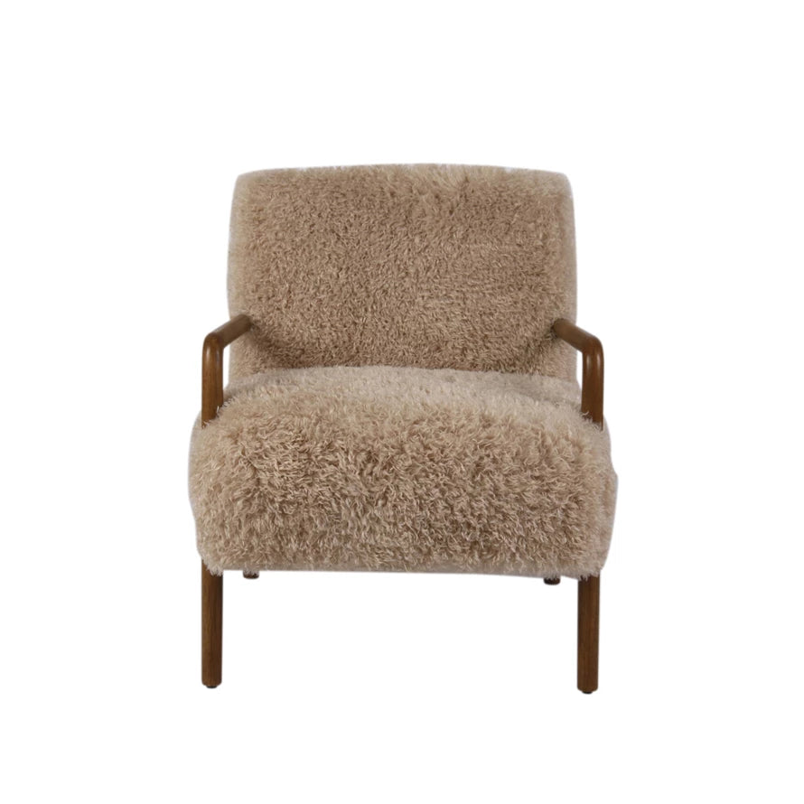 Faux Fur Upholstered Chair w/Rubberwood Frame, Cream Color & Walnut Finish