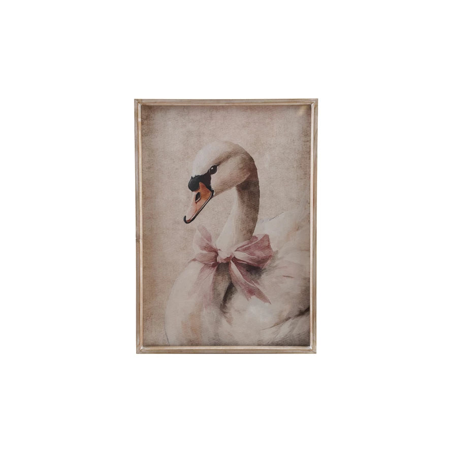 Wood Framed Glass Wall Decor w/Swan in Bow , Distressed Finish