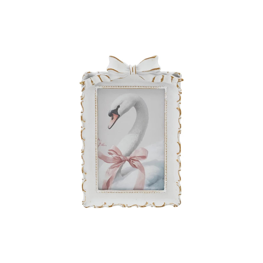 Plastic Photo Frame w/Bow, Antique White & Gold Finish