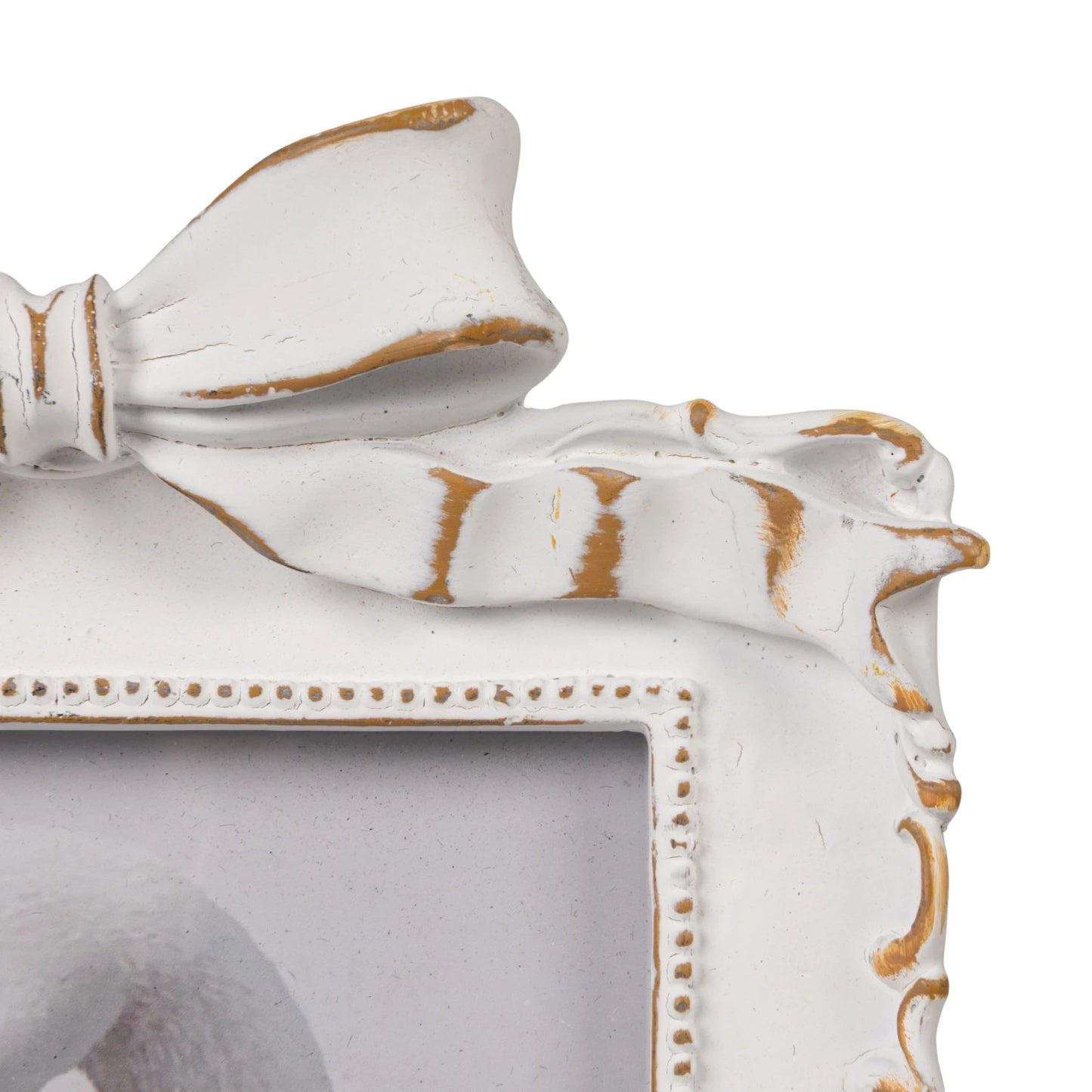Plastic Photo Frame w/Bow, Antique White & Gold Finish