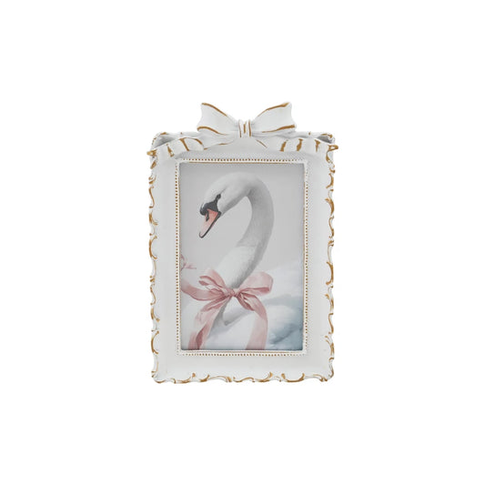Plastic Photo Frame w/Bow, Antique White & Gold Finish