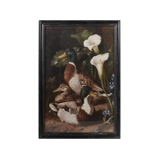 Wood Framed Glass Wall Decor w/Vintage Reproduction Mallards
