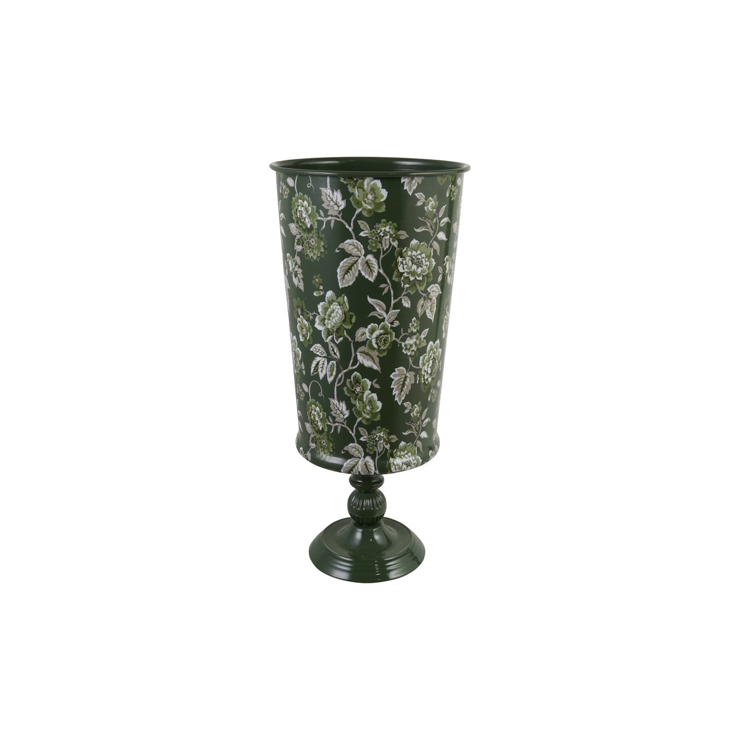 Metal Footed Vase w/Floral Pattern, Green, Grey & White