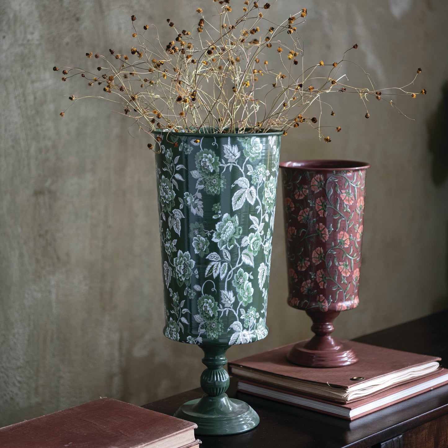Metal Footed Vase w/Floral Pattern, Green, Grey & White
