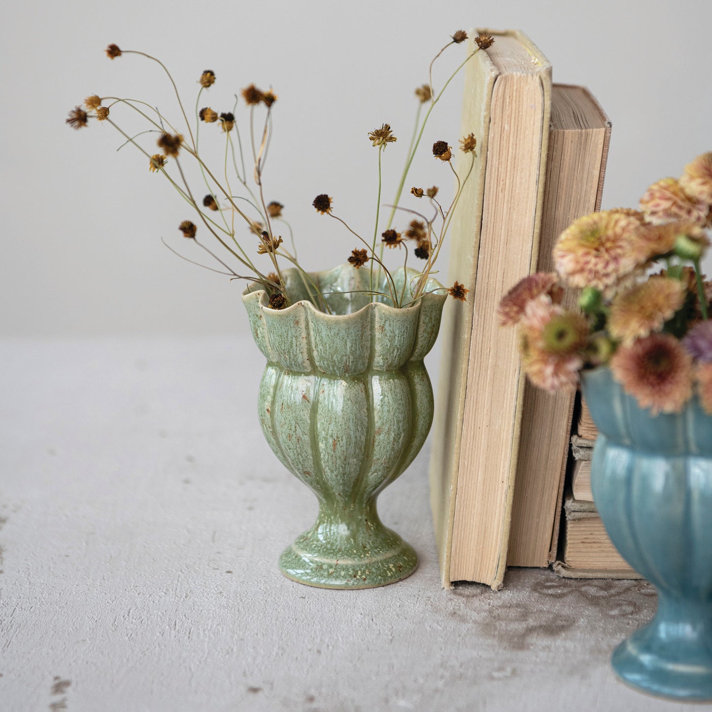 Stoneware Scalloped Footed Vase (2 Colors) (Each Will Vary)
