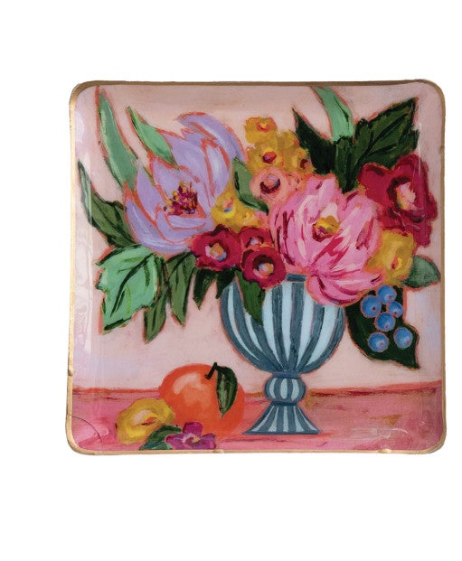 Enameled Metal Tray w/Flowers in Vase & Gold Edges (3 Styles)