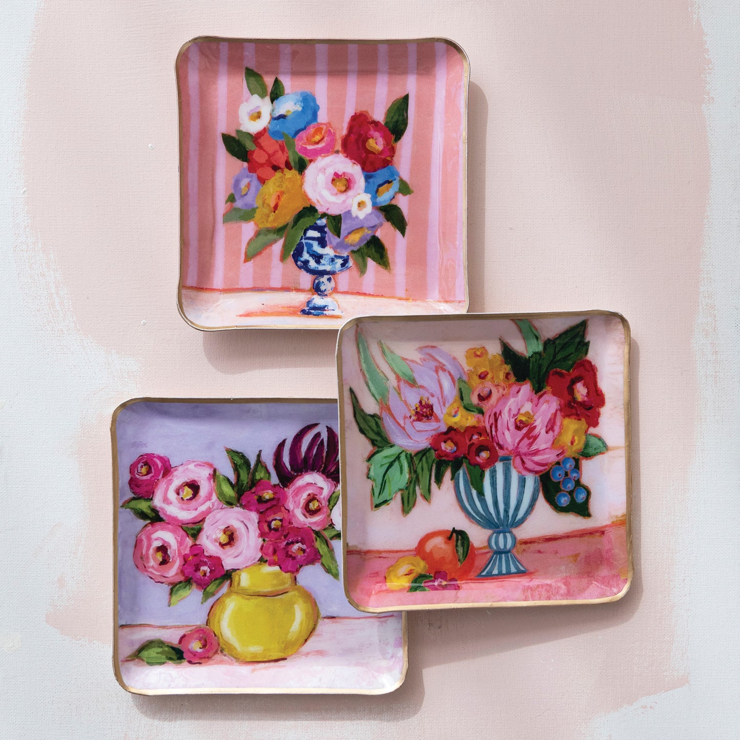 Enameled Metal Tray w/Flowers in Vase & Gold Edges (3 Styles)