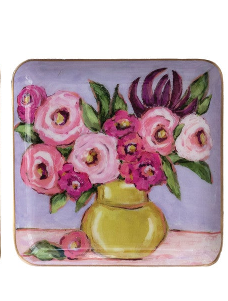 Enameled Metal Tray w/Flowers in Vase & Gold Edges (3 Styles)