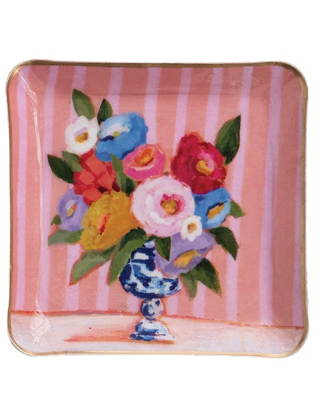 Enameled Metal Tray w/Flowers in Vase & Gold Edges (3 Styles)