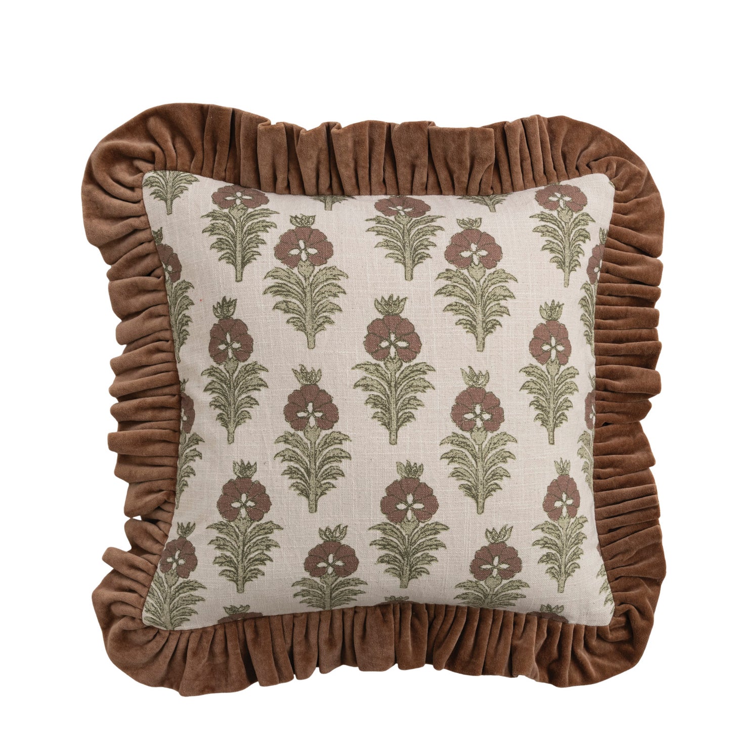 Square Cotton Slub  Printed Pillow w/Velvet Ruffle