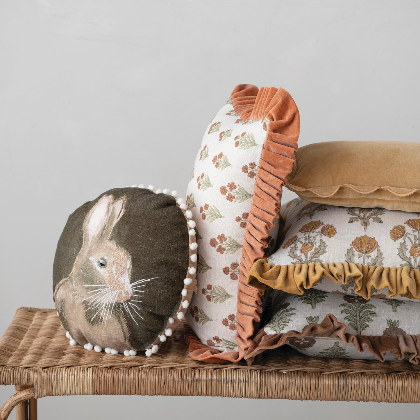 Square Cotton Slub  Printed Pillow w/Velvet Ruffle