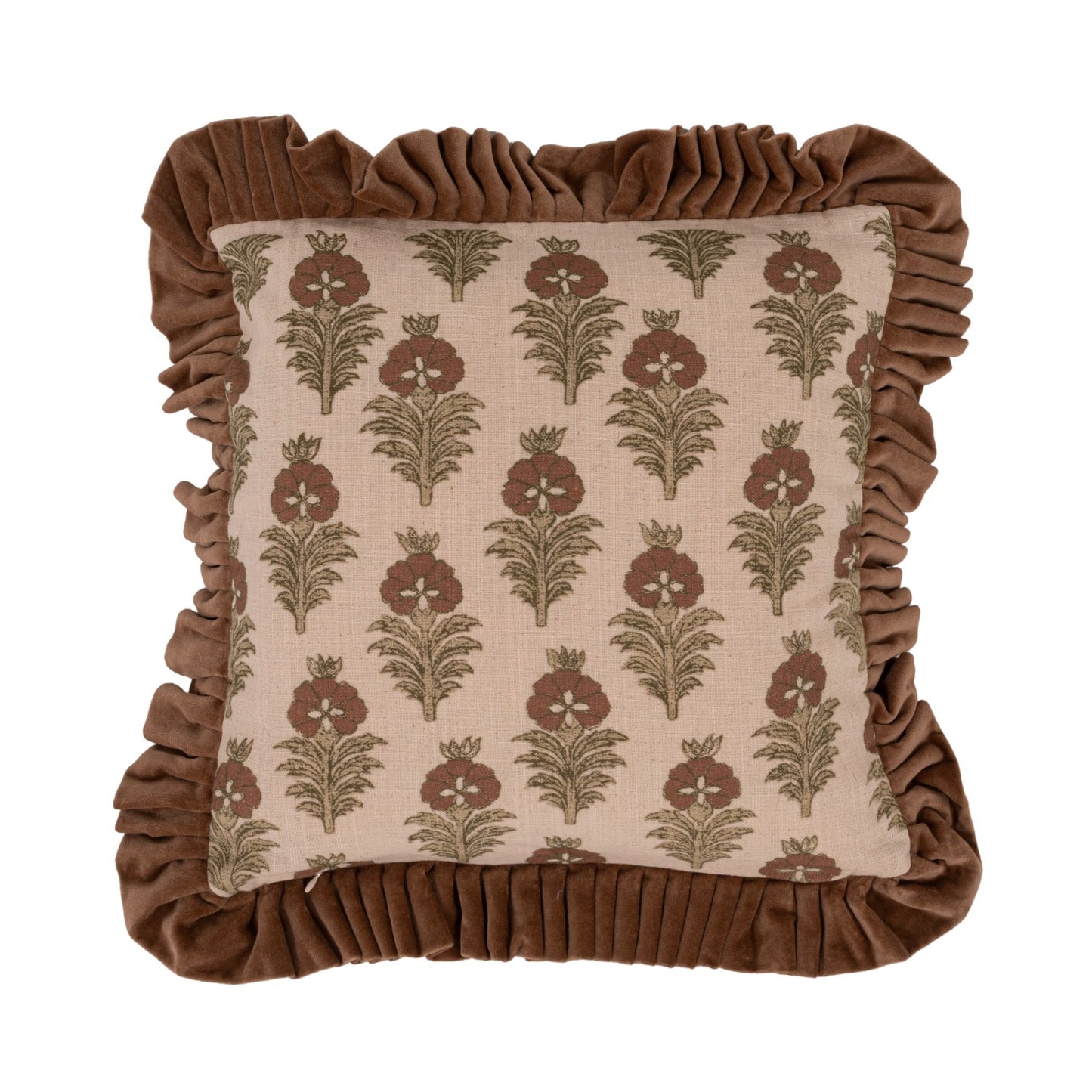 Square Cotton Slub  Printed Pillow w/Velvet Ruffle