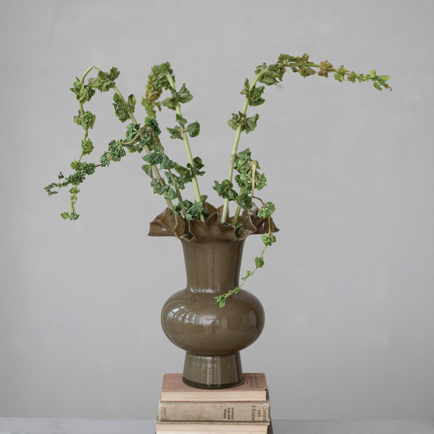 Opaque Glass Footed Ruffled Vase - Olive Color