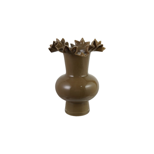 Opaque Glass Footed Ruffled Vase - Olive Color