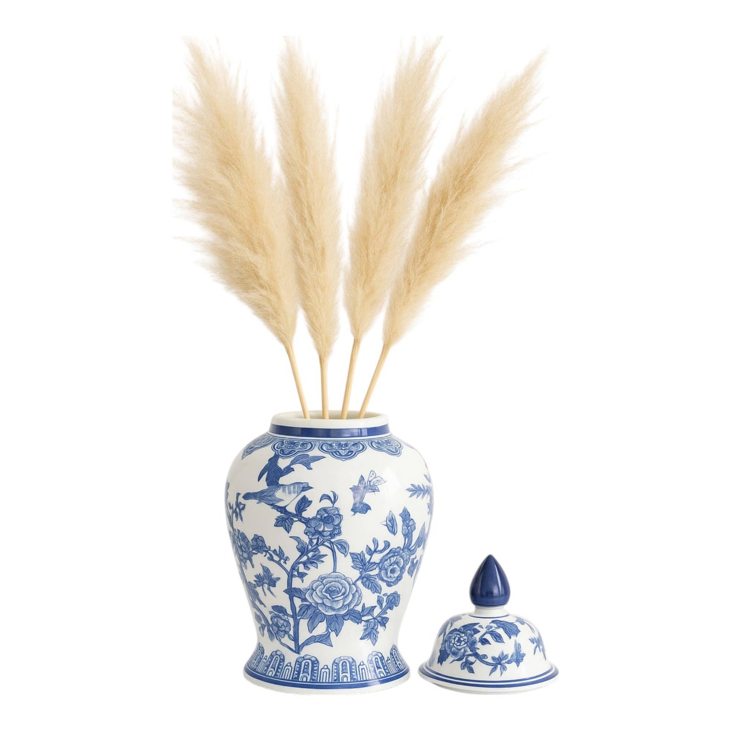 Blue 18 in. Ceramic Chinoiserie Temple Jar with Bird/Flower