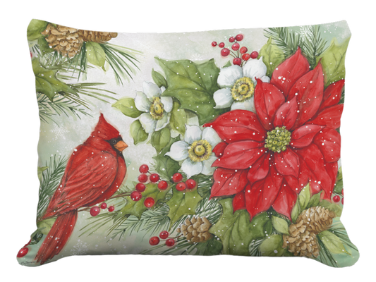 Pillow - Cardinal with Poinsettia - indoor / outdoor cushion: 19x24
