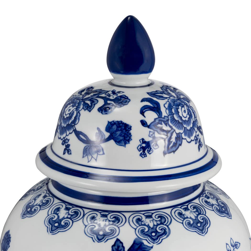 Blue 18 in. Ceramic Chinoiserie Temple Jar with Bird/Flower