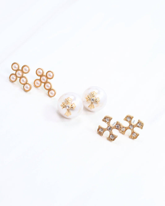 Minnie Lou Cross Earring Set Worn Gold: Default
