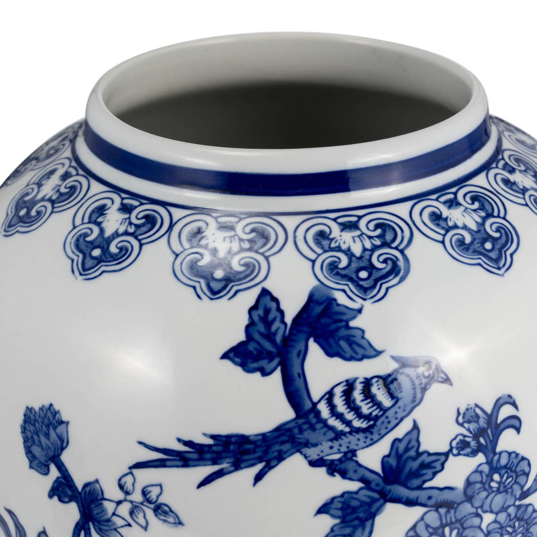 Blue 18 in. Ceramic Chinoiserie Temple Jar with Bird/Flower