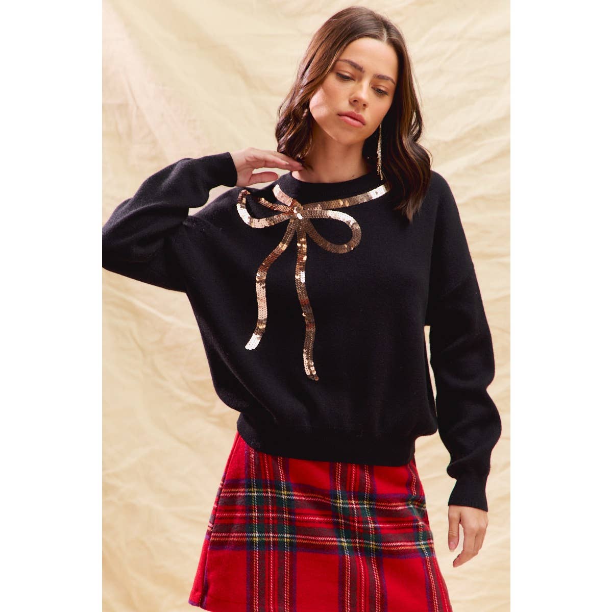SEQUINS RIBBON CHRISTMAS HOLIDAY SWEATER TOP: BLACK/GOLD / S