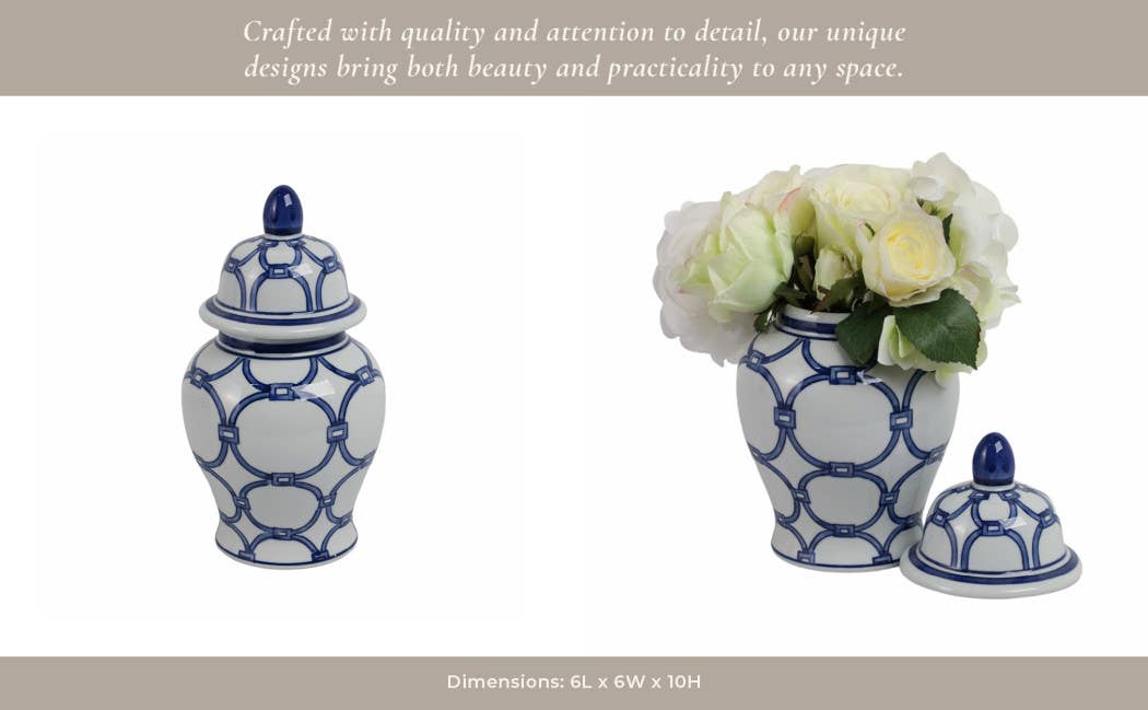 Ceramic Links Flower Decorative Temple Jar - Blue, 11 in.