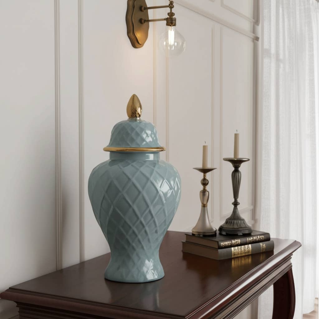 Blue/Gold 20 in. Ceramic Novelty Rope Temple Jar