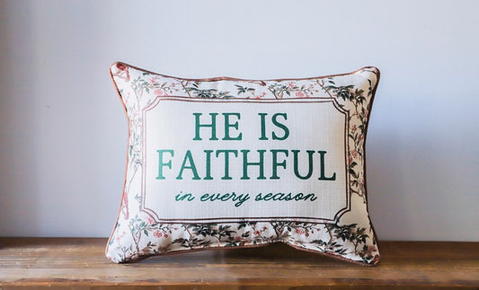 He is Faithful in Every Season Toile Pillow - Hazelnut Piping