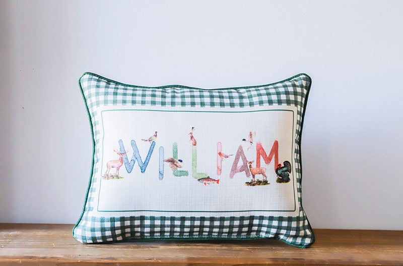 Gingham Wildlife Boy Name + Accent Piping