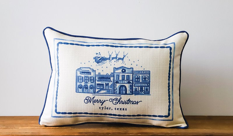 Delft Mainstreet Christmas Pillow - Merry Christmas Natchitoches - Swamp Green - Evergreen Piping