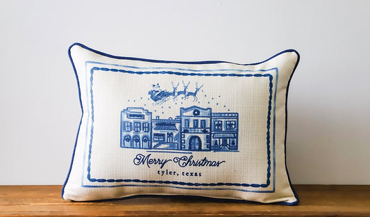 Delft Mainstreet Christmas Pillow - Merry Christmas Natchitoches - Swamp Green - Evergreen Piping
