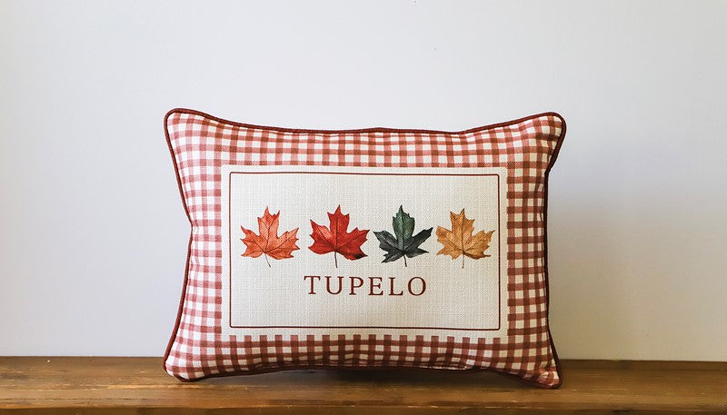 Gingham Fall Leaves Hometown Pillow - Louisiana - Paprika Piping