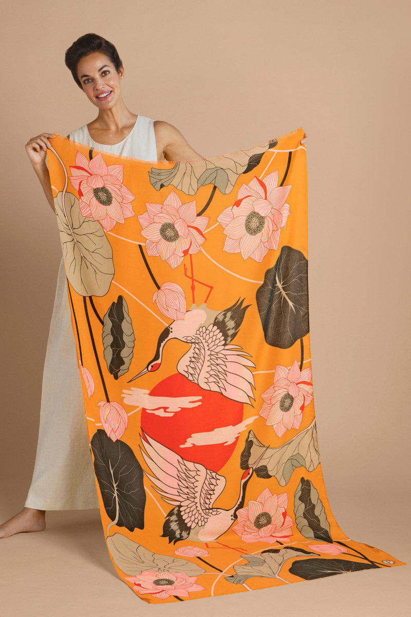 Printed Crane at Sunrise - Mustard Scarf