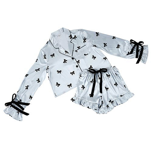 Cropped PJ Set + Velvet Ties - Black Bows