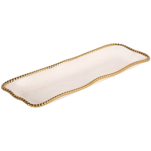 White Gold Beaded Rectangle Serve Tray