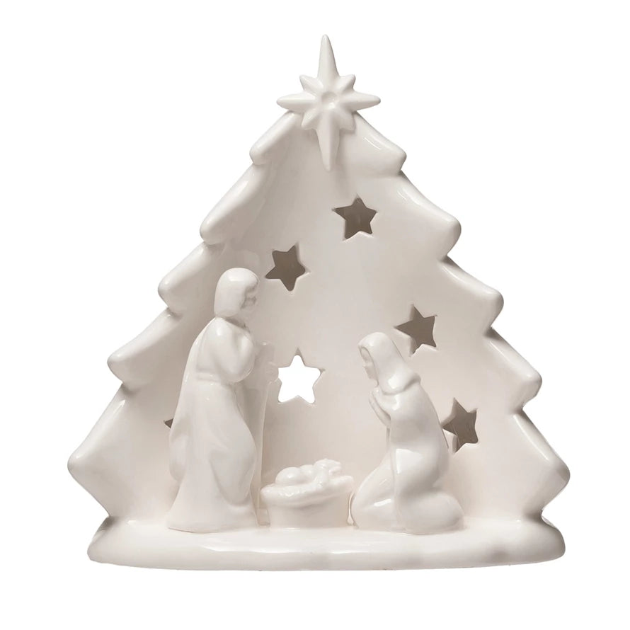 Stoneware Holy Family w/Tree & Cut-Outs