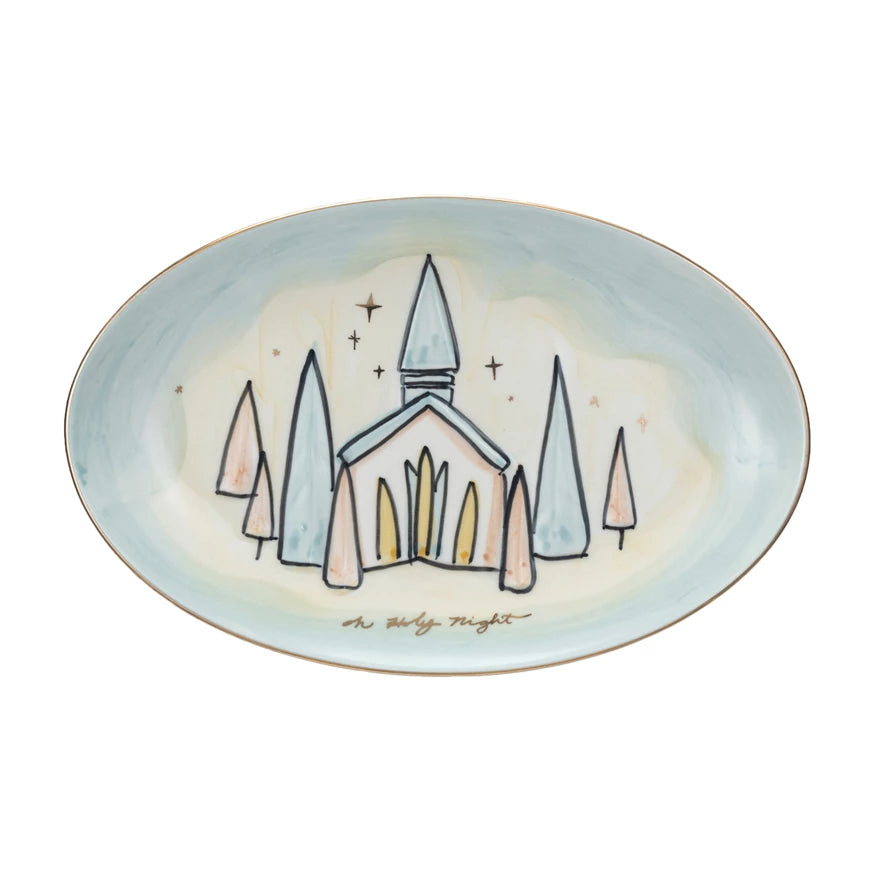 Hand-Painted Stoneware Plate w/ Church & Gold Electroplating