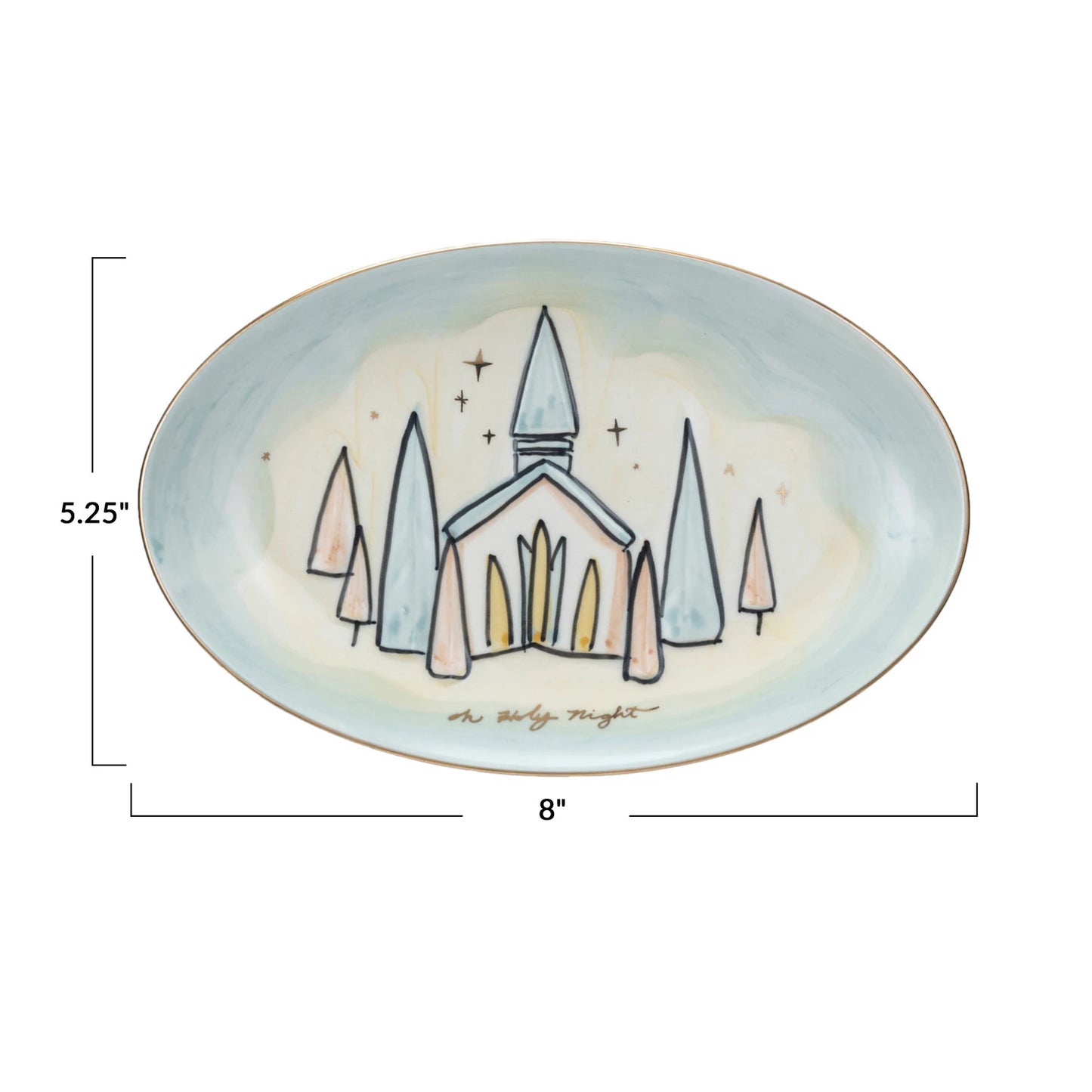 Hand-Painted Stoneware Plate w/ Church & Gold Electroplating