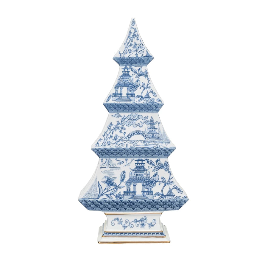 Ceramic Tree w/Pagoda Pattern & Gold Electroplating Blue and White